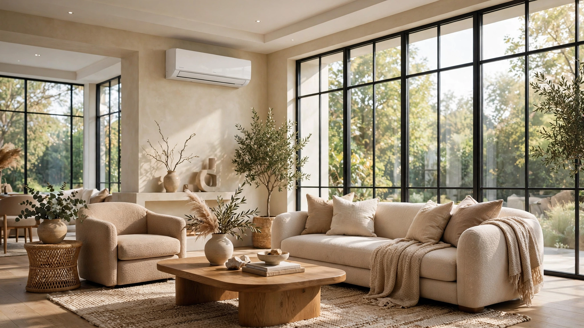 Luxurious living room with ductless mini-split air conditioner installed by AGR HVAC